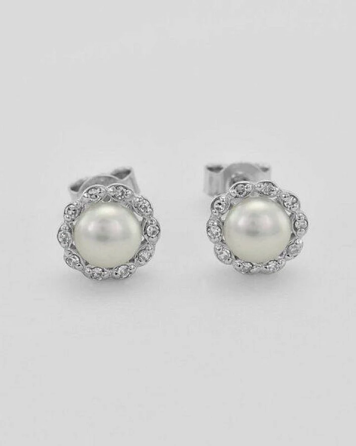 Eppi Silberne Halo-Ohrringe mit Diamanten und Perlen Arabella