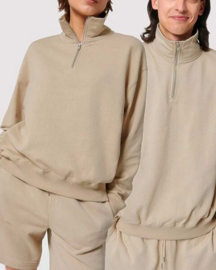 YTWOO Oversized Sweatshirt mit kurzem Reißverschluss aus reiner Bio-Baumwolle; Unisex Troyer