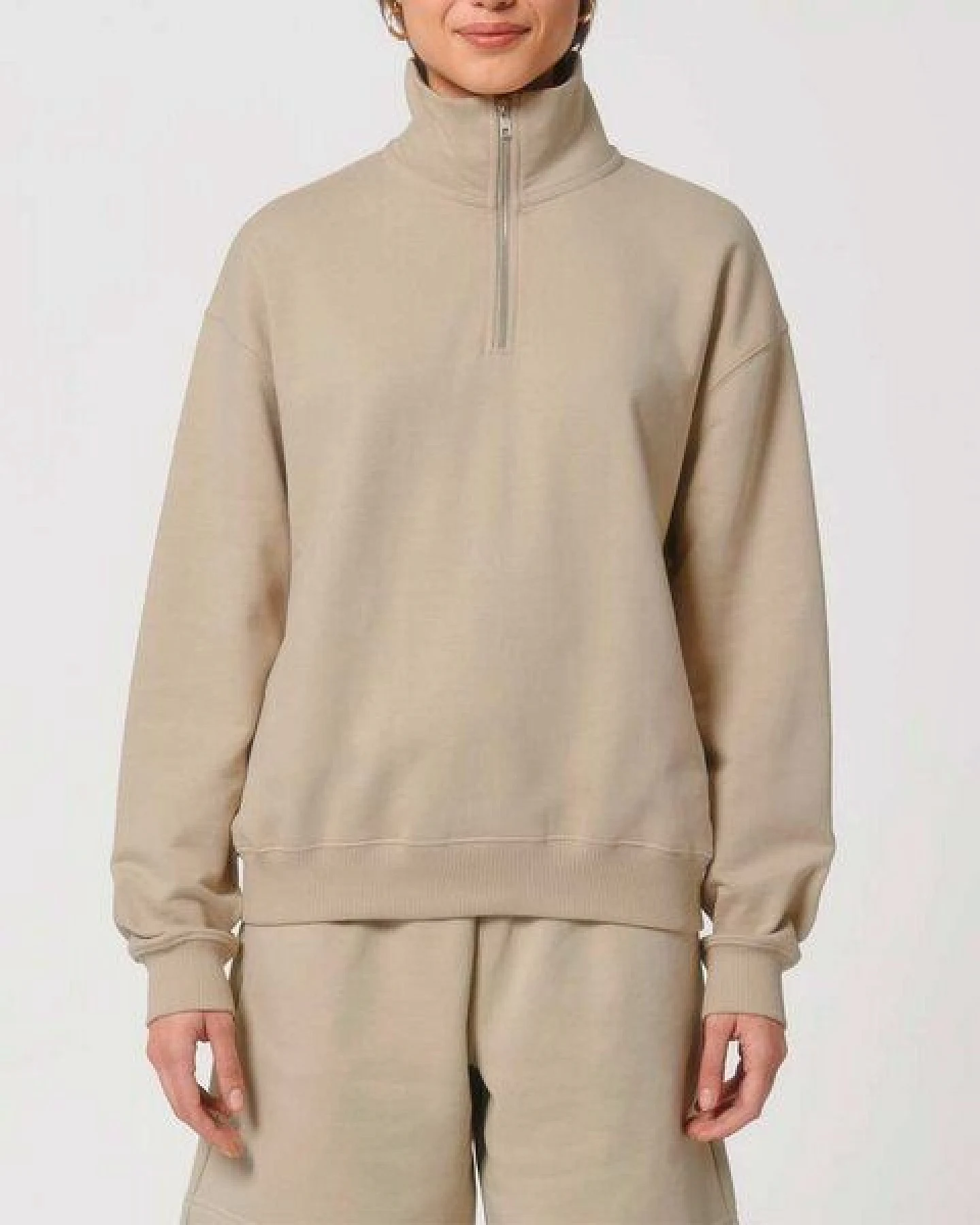 YTWOO Oversized Sweatshirt mit kurzem Reißverschluss aus reiner Bio-Baumwolle; Unisex Troyer – Ansicht 2