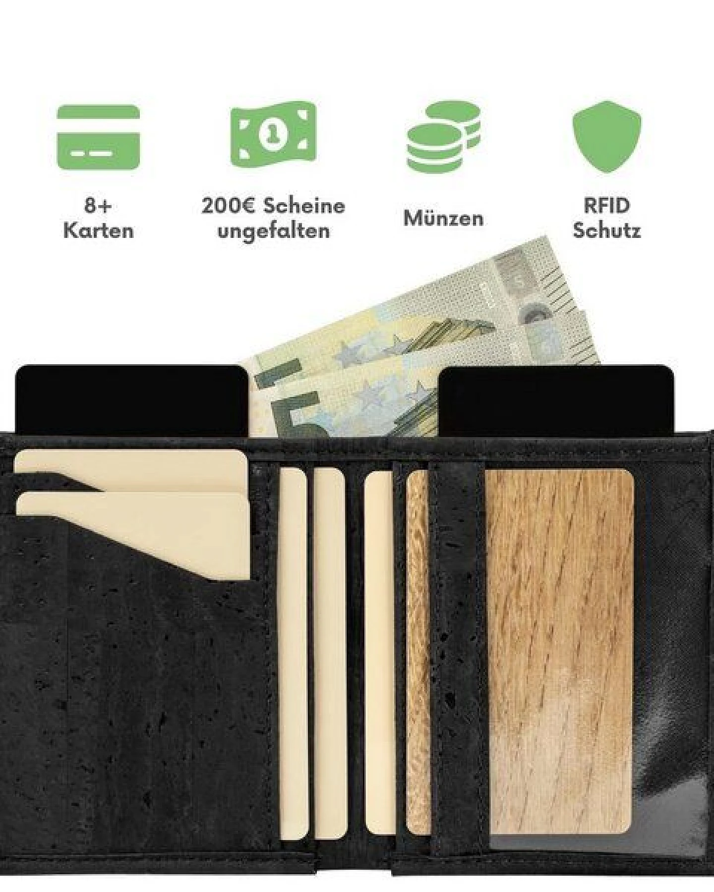 Simaru Geldbeutel aus Kork, vegan & kompakt, langlebige Geldbörse mit RFID-Schutz, Karten, Schein-& Münzfach für Damen & Herren – Ansicht 2