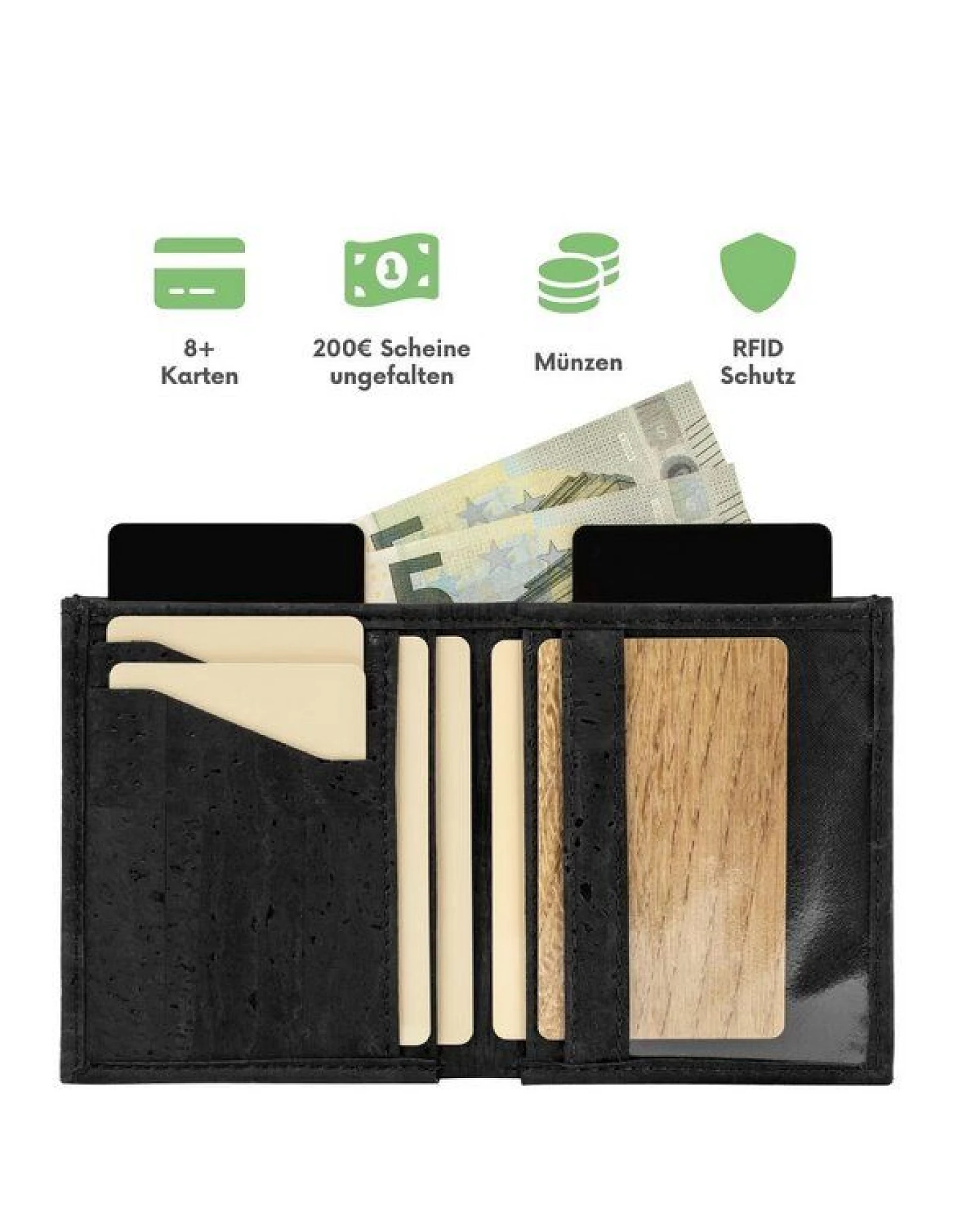 Simaru Geldbeutel aus Kork, vegan & kompakt, langlebige Geldbörse mit RFID-Schutz, Karten, Schein-& Münzfach für Damen & Herren – Ansicht 2