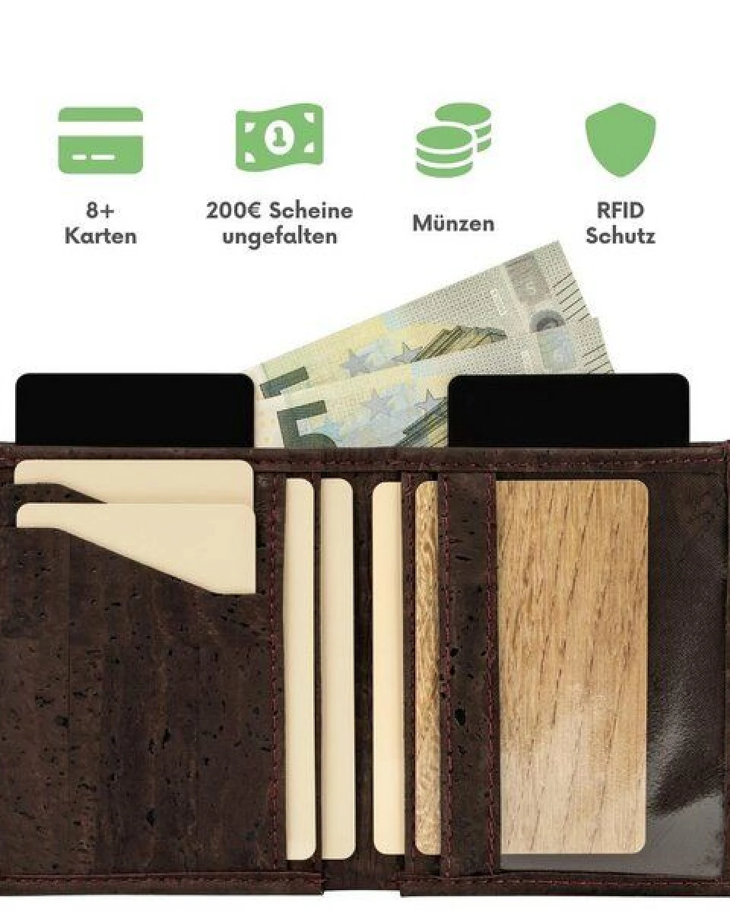 Simaru Geldbeutel aus Kork, vegan & kompakt, langlebige Geldbörse mit RFID-Schutz, Karten, Schein-& Münzfach für Damen & Herren – Ansicht 2