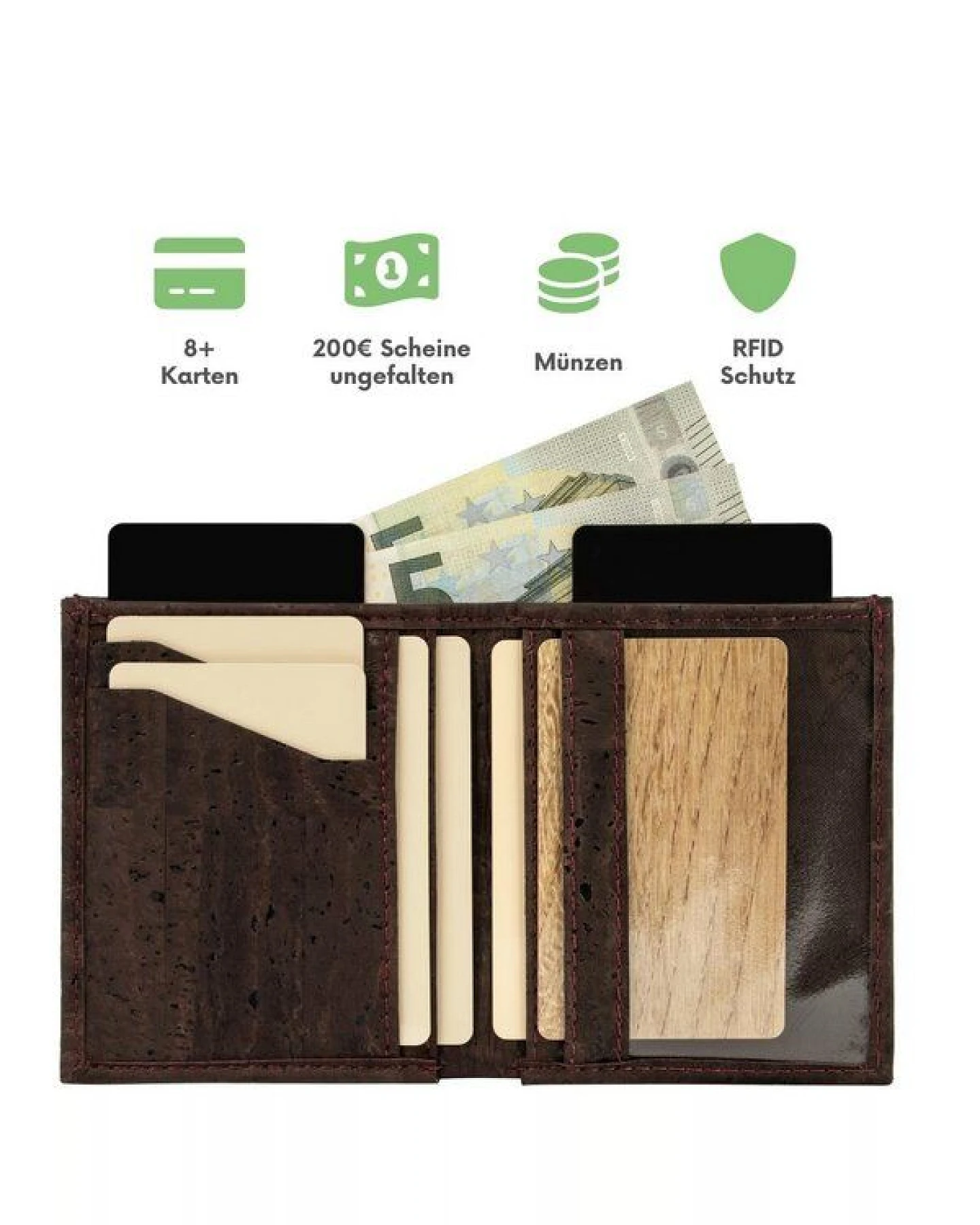 Simaru Geldbeutel aus Kork, vegan & kompakt, langlebige Geldbörse mit RFID-Schutz, Karten, Schein-& Münzfach für Damen & Herren – Ansicht 2