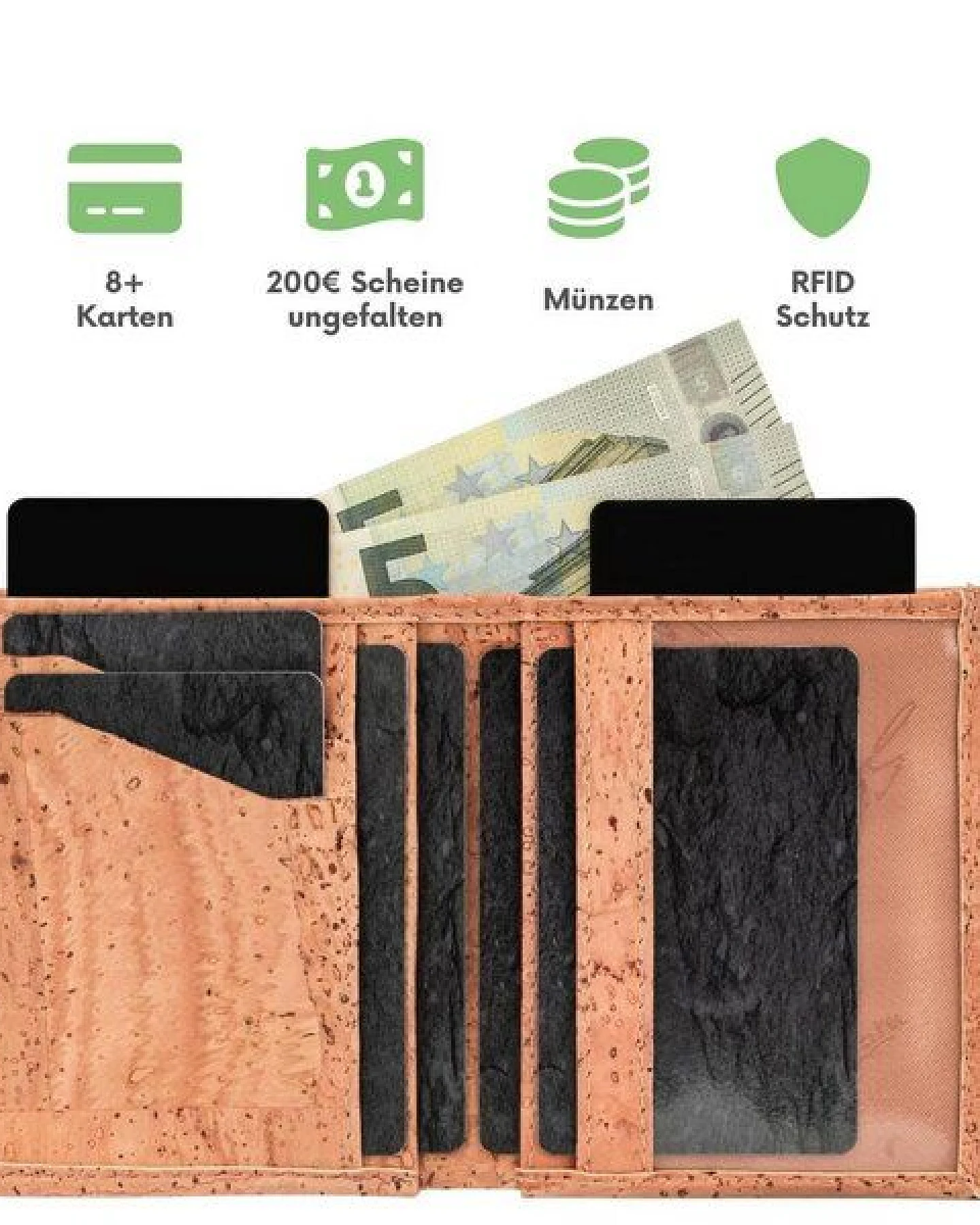 Simaru Geldbeutel aus Kork, vegan & kompakt, langlebige Geldbörse mit RFID-Schutz, Karten, Schein-& Münzfach für Damen & Herren – Ansicht 2