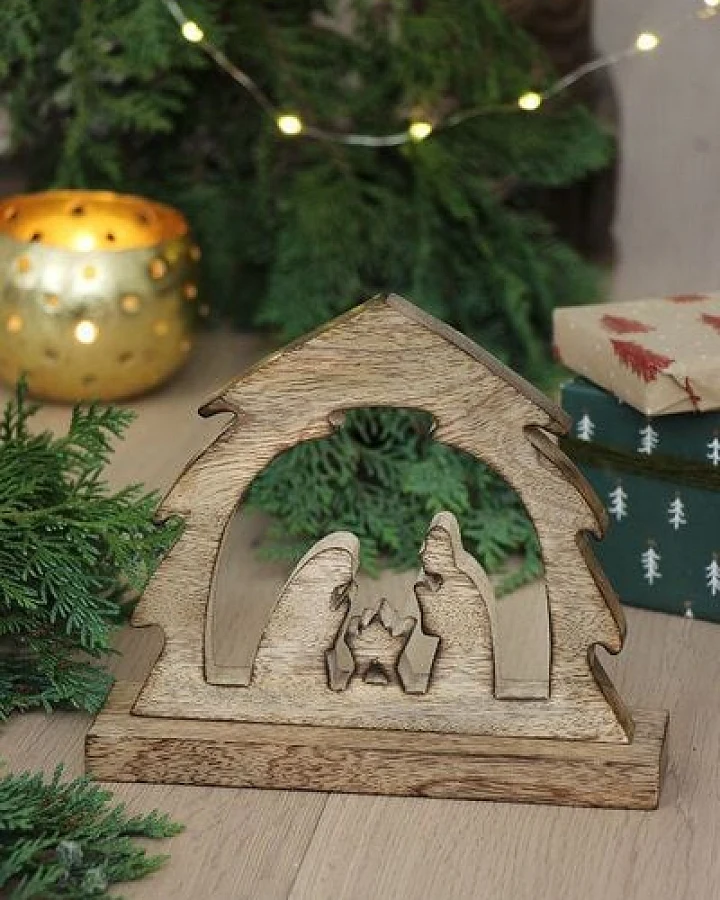 GLOBO Fair Trade Krippe NEVIO, Mangoholz - Weihnachtsgeschichte, Teelicht, Deko