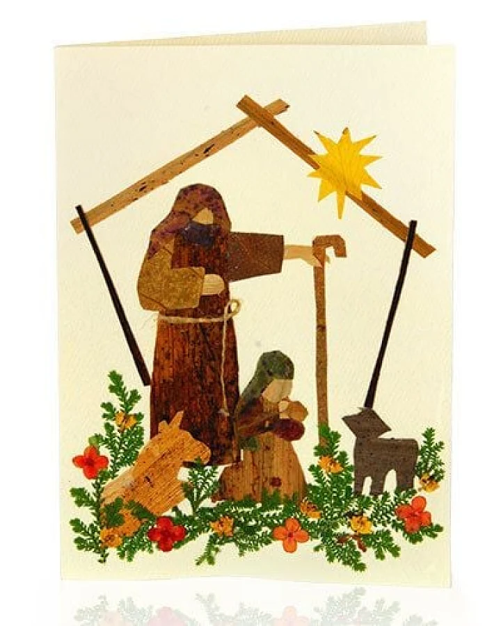 GLOBO Fair Trade Grusskarte KRIPPE HOCHKANT, Weihnachten, getrocknete Wildblumen