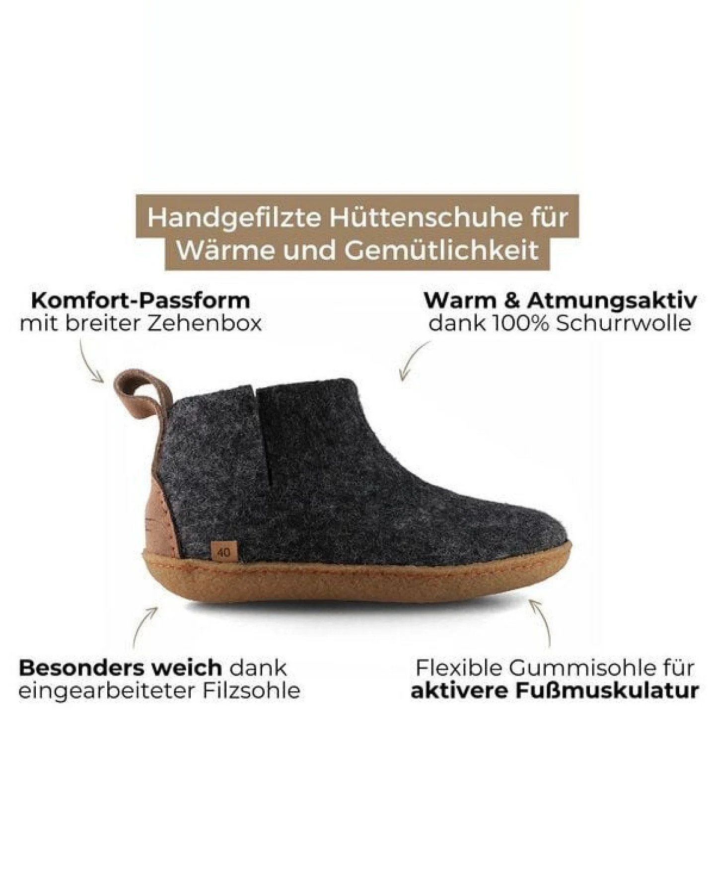 WoolFit Yeti Filzboots hohe Hausschuhe mit Naturgummisohle, handgefilzt aus 100% Wolle – Ansicht 3