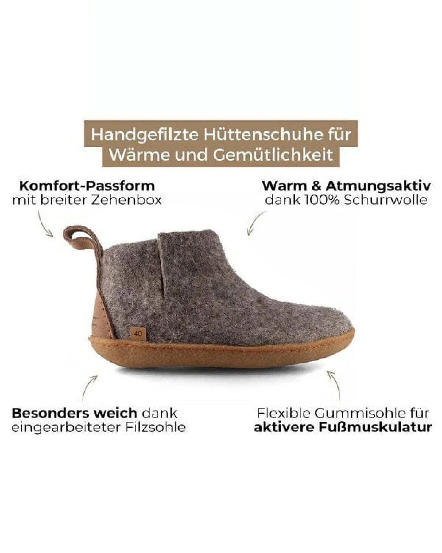 WoolFit Yeti Filzboots hohe Hausschuhe mit Naturgummisohle, handgefilzt aus 100% Wolle – Ansicht 3