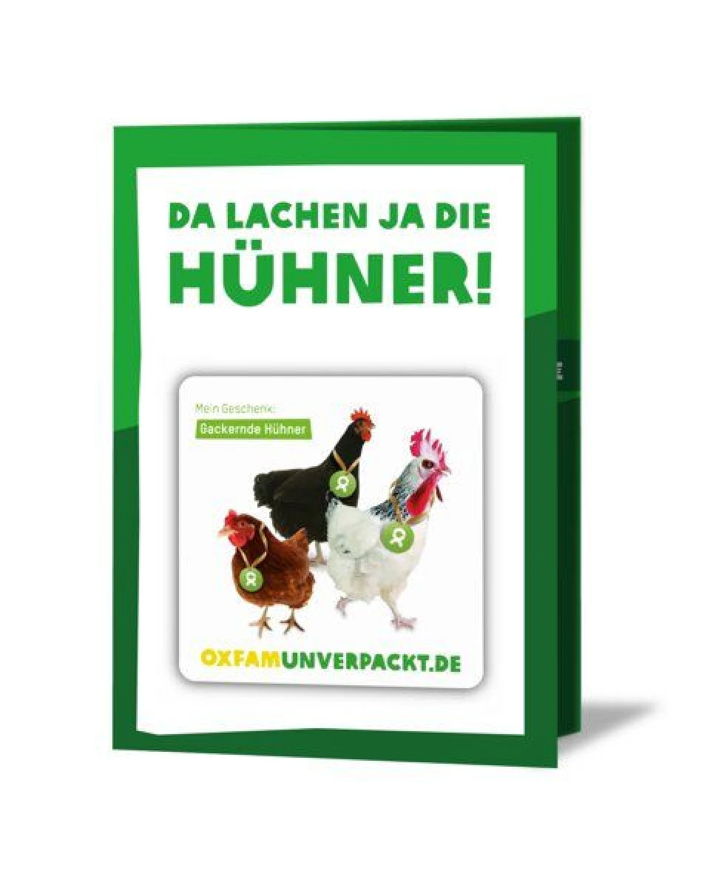 OxfamUnverpackt Spenden-Geschenk "Gackernde Hühner" (Grußkarte mit Magnet) – Ansicht 2