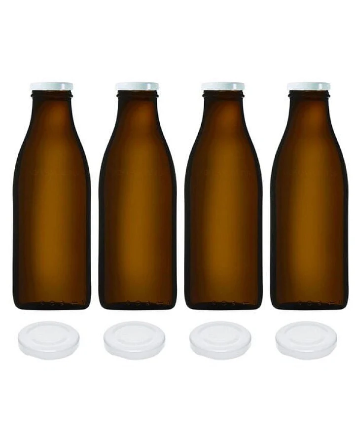mikken 4er Set Milchflasche 1000 ml braune Glasflasche mit Ersatzdeckel Blueseal Deckel