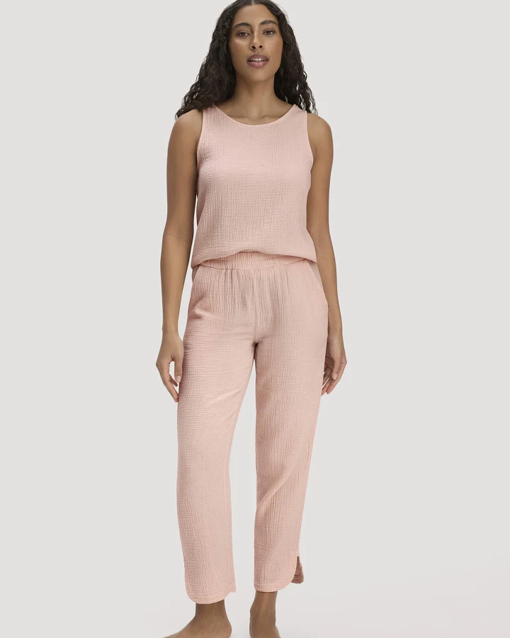 hessnatur Damen Musselin Schlafhose Regular PURE COMFORT aus Bio-Baumwolle - rosa - Größe 34