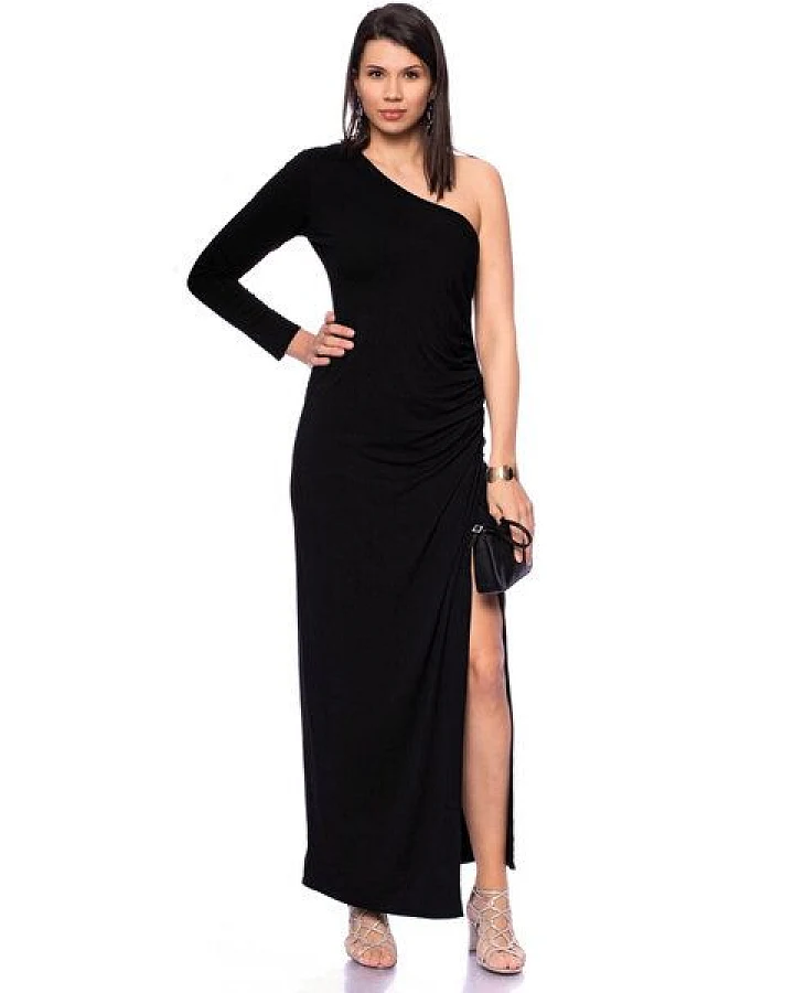Ingoria COSIMA One-Shoulder Langarm Abendkleid mit seitlicher Raffung