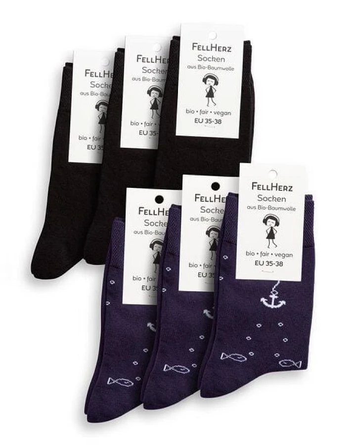 FellHerz 6er Pack Socken mit Biobaumwolle Anker dunkelblau und schwarz