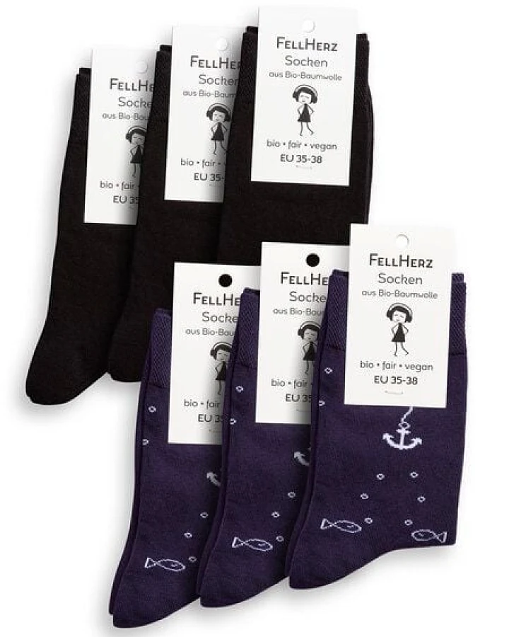 FellHerz 6er Pack Socken mit Biobaumwolle Anker dunkelblau und schwarz