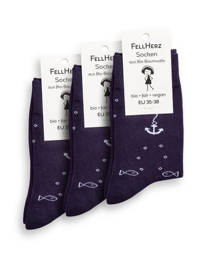 FellHerz 3er Pack Socken mit Bio-Baumwolle Anker dunkelblau