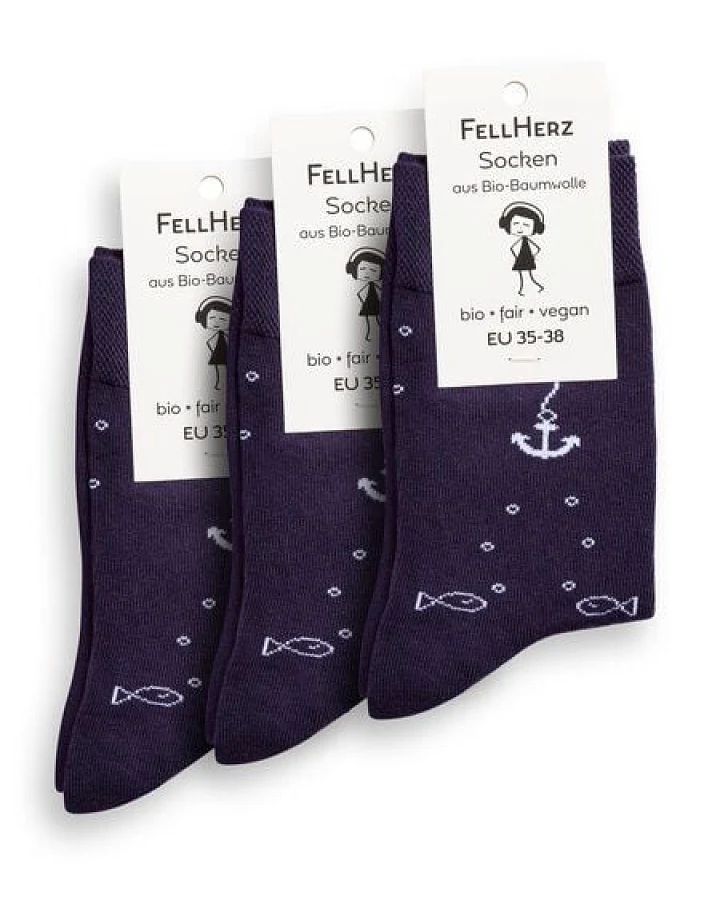 FellHerz 3er Pack Socken mit Bio-Baumwolle Anker dunkelblau