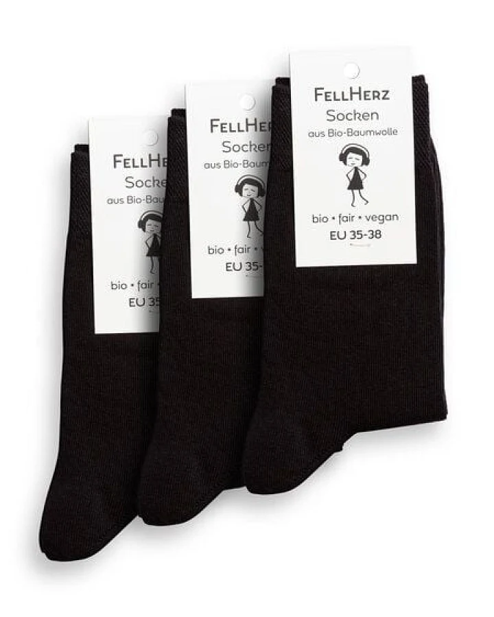 FellHerz 3er Pack Socken mit Bio-Baumwolle schwarz