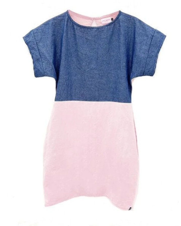 The Driftwood Tales Sommerliches pinkes Kleid mit Jeans, Kurzarm,