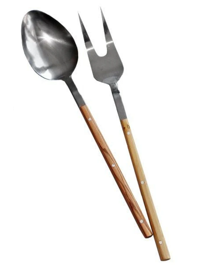 NATUREHOME Salatbesteck Olivenholz & Edelstahl – 2-teiliges Salatserver-Set, Salatlöffel und Salatgabel mit Holzgriff, handgefertigt