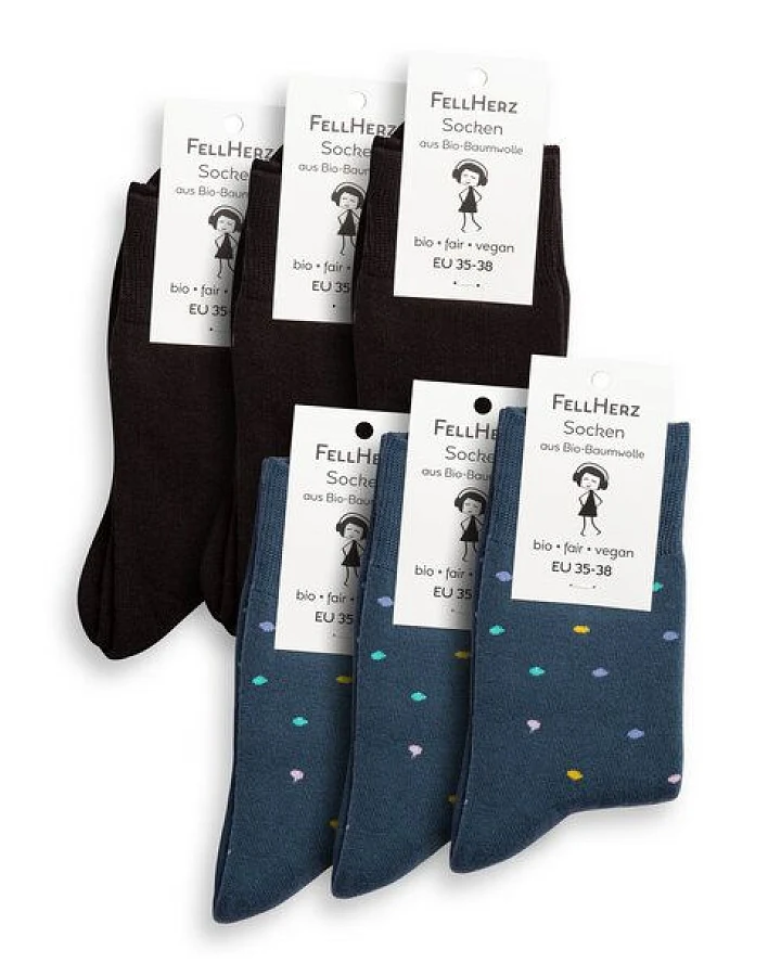 FellHerz 6er Pack Kuschel-Socken mit Bio-Baumwolle schwarz und Konfetti