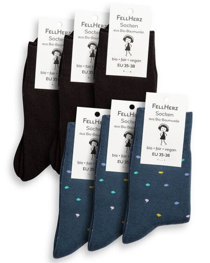 FellHerz 6er Pack Kuschel-Socken mit Bio-Baumwolle schwarz und Konfetti