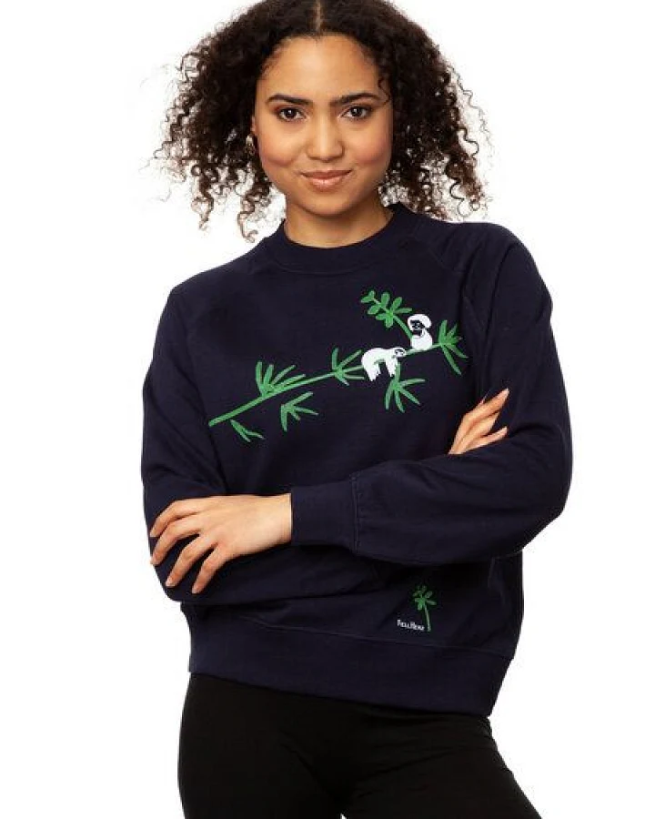 FellHerz Faultier Damen Raglan Sweater navy bio & fair & handbedruckt