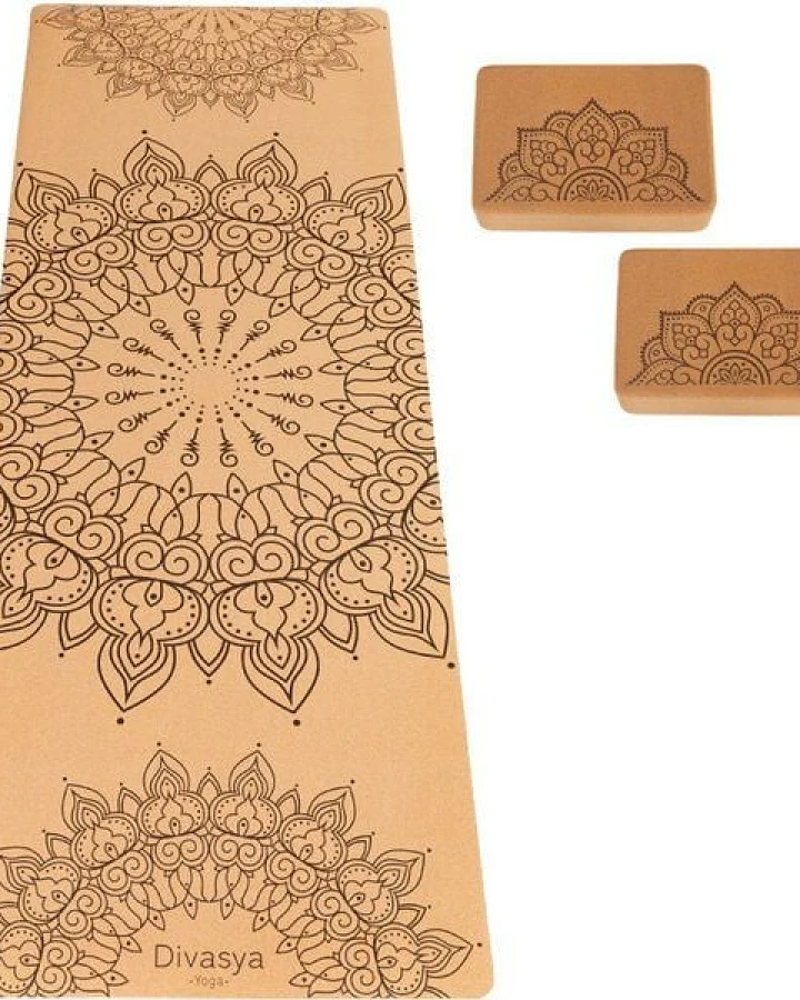 Divasya Yoga Starter-Set: Yogamatte aus Kork & Naturkautschuk + 2 Kork-Blöcke