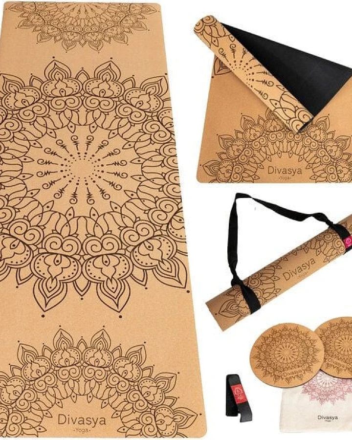 Divasya Yoga Komfort-Set: Yogamatte aus Kork und Naturkautschuk inklusive 2 Kniepads