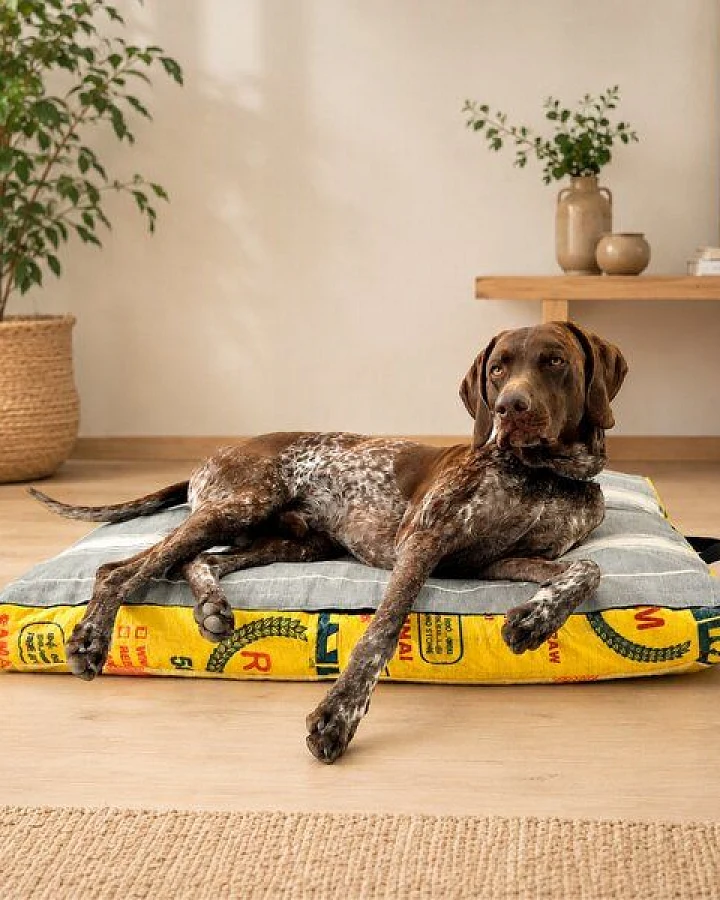 GOOPSI Upcycling Hundebett aus Reissack mit Dinkellfüllung, pflegeleicht & geruchsneutral, Hundekissen