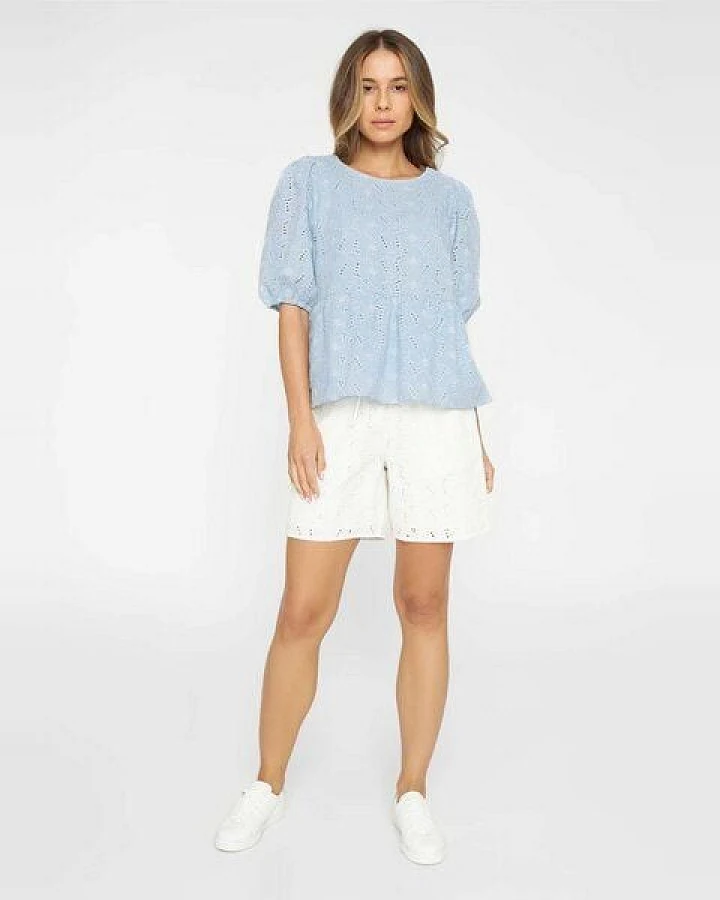 KnowledgeCotton Apparel Bluse Broderie Anglaise mit Puffärmeln aus Baumwoll-Leinenmix