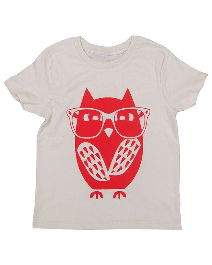 päfjes Eule Woody mit Brille - Kinder Shirt - fair gehandelt - Bio - Natur/Rot