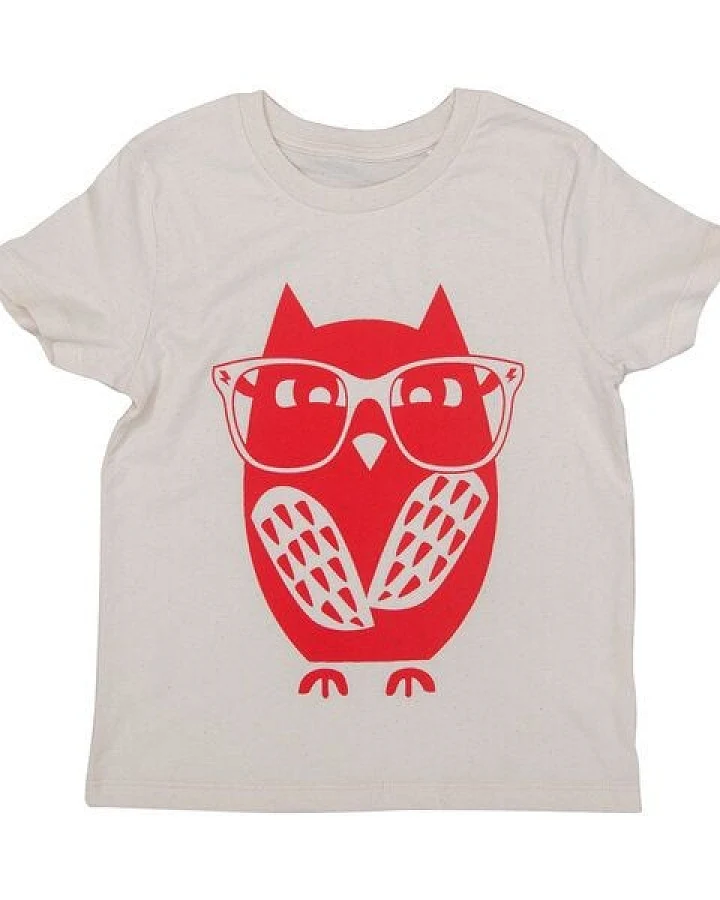 päfjes Eule Woody mit Brille - Kinder Shirt - fair gehandelt - Bio - Natur/Rot