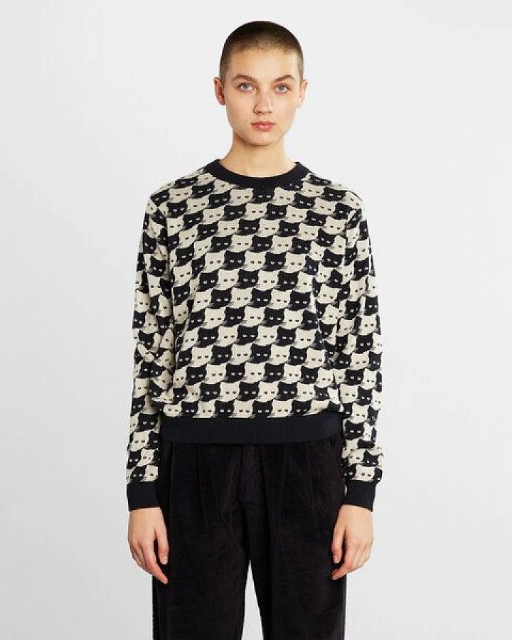 DEDICATED Damen Strickpullover Arendal Cats aus Biobaumwolle - Schwarz Weiß