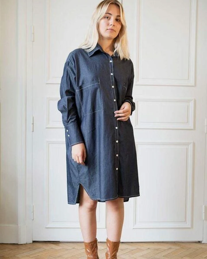 Aatise Hemdblusenkleid Langarm 100% Coton Chambray, Zazum
