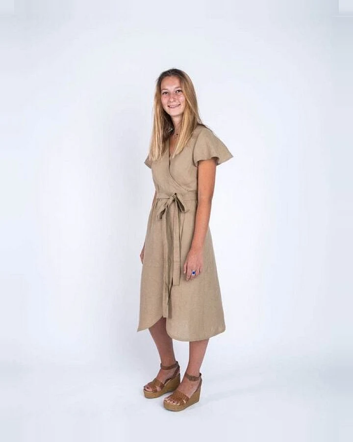 Aatise 100% Leinen-Wickelkleid mit Schmetterlingsärmeln Zargot