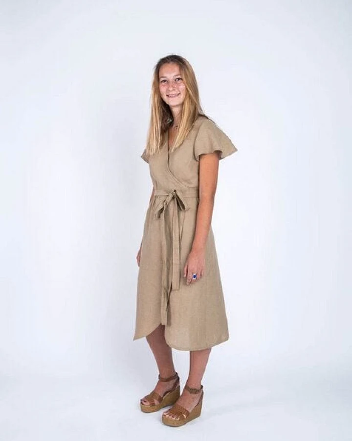 Aatise 100% Leinen-Wickelkleid mit Schmetterlingsärmeln Zargot
