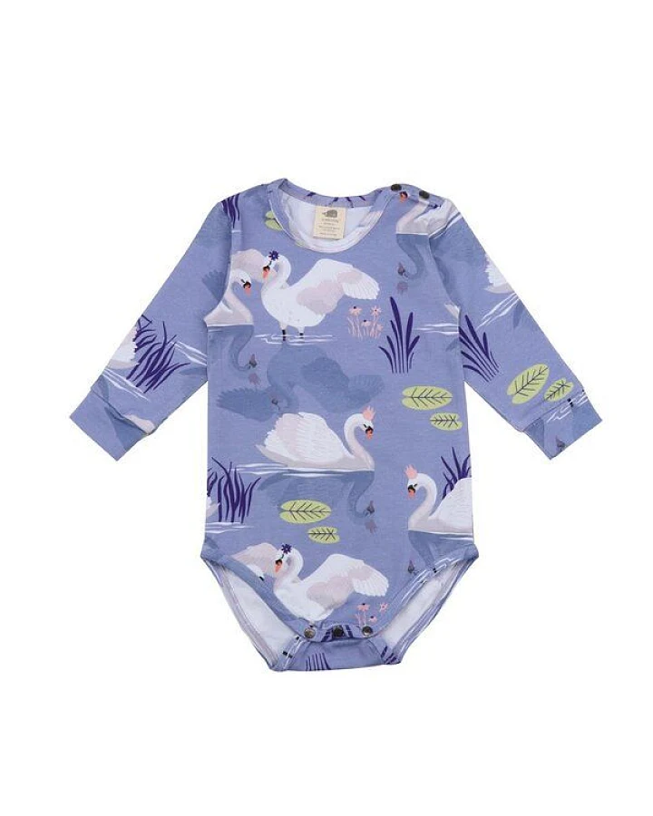 Baby Langarmbody GOTS zertifiziert – 95% Bio-Baumwolle, Lila mit Schwanmotiv, 5% Elasthan, weich & bequem