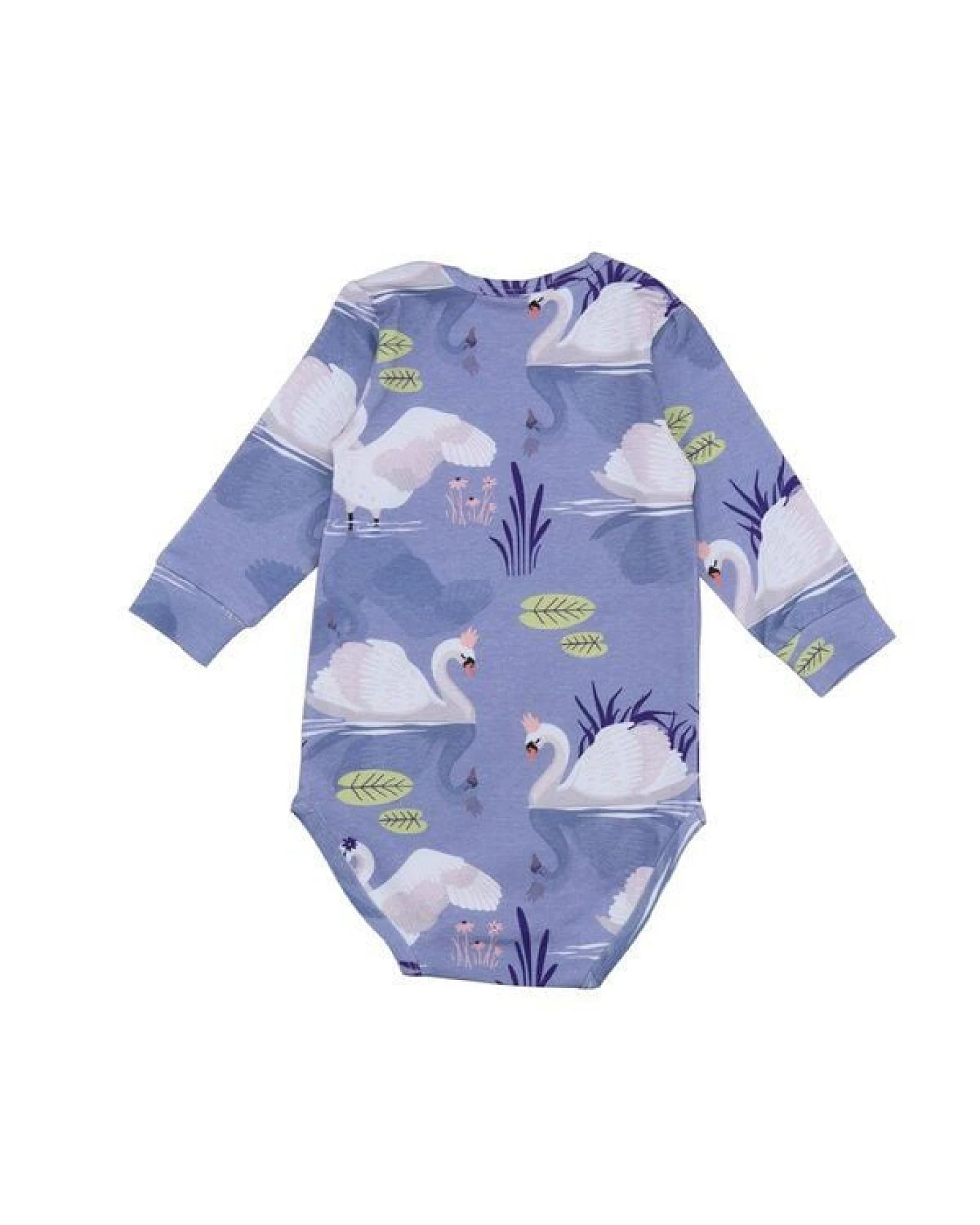 Baby Langarmbody GOTS zertifiziert – 95% Bio-Baumwolle, Lila mit Schwanmotiv, 5% Elasthan, weich & bequem – Ansicht 3