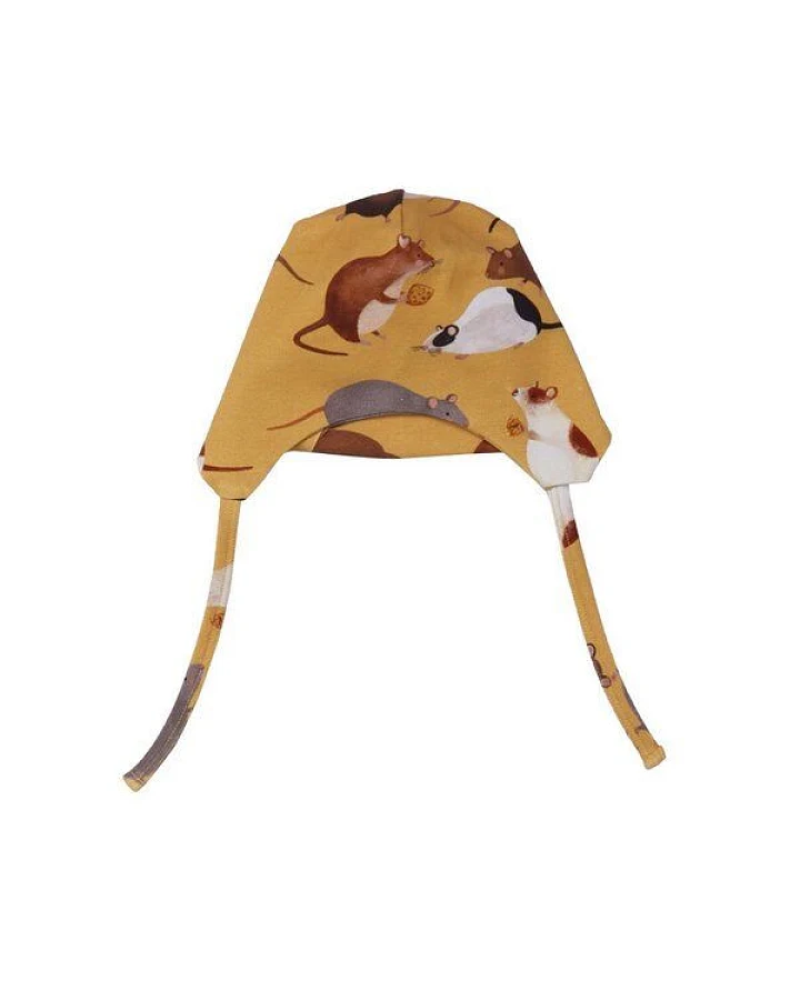 Mütze Bio-Baumwolle Gelb "Playful Mouses" Walkiddy, GOTS-zertifiziert, umweltfreundlich, elastisch, allergikerfreundlich, nachhaltig.