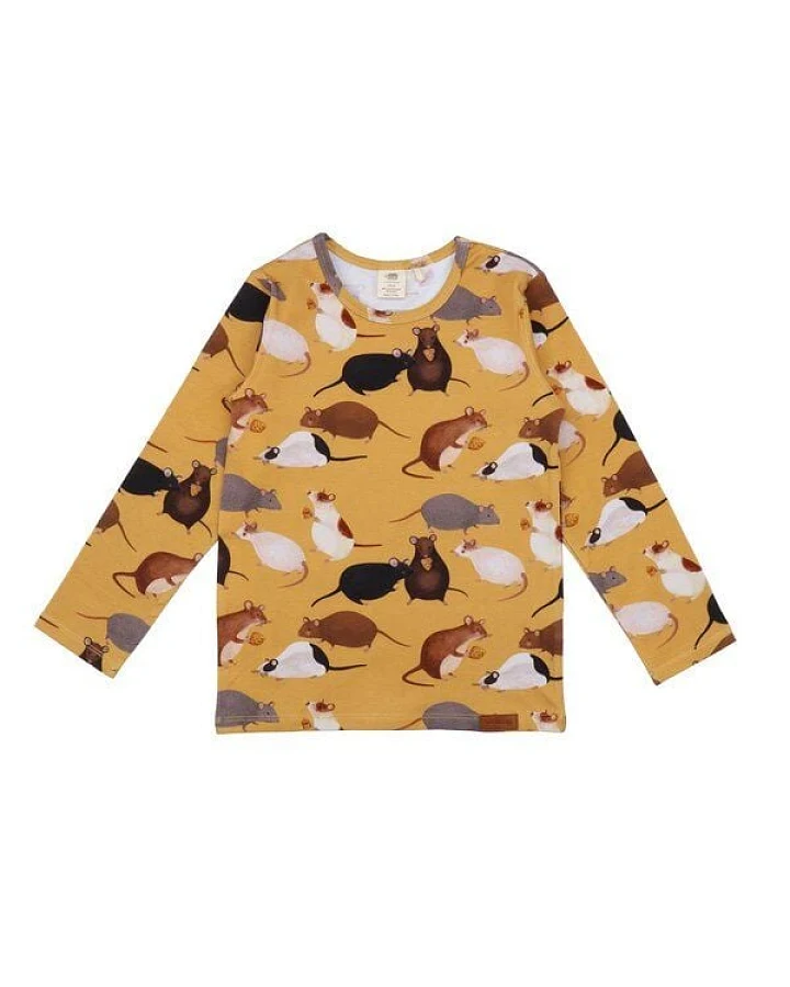 Kinder Langarmshirt GOTS zertifiziert Bio-Baumwolle, Senfgelb, Mäuse-Muster, Walkiddy