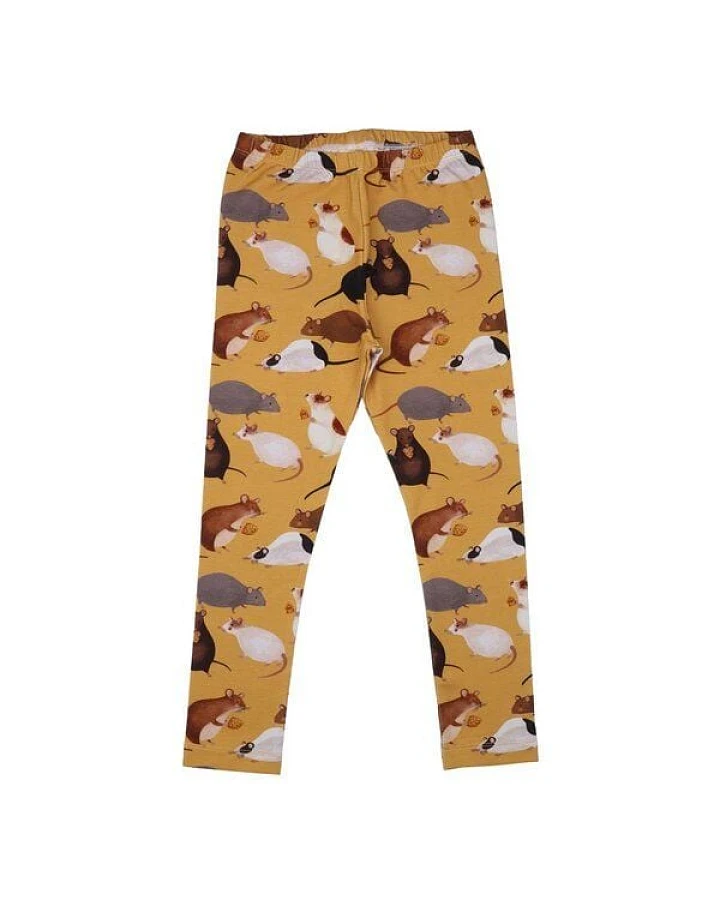 Kinder Leggings GOTS zertifiziert, senfgelb, „Playful Mouses“ Allover, Bio-Baumwolle, weich – Walkiddy