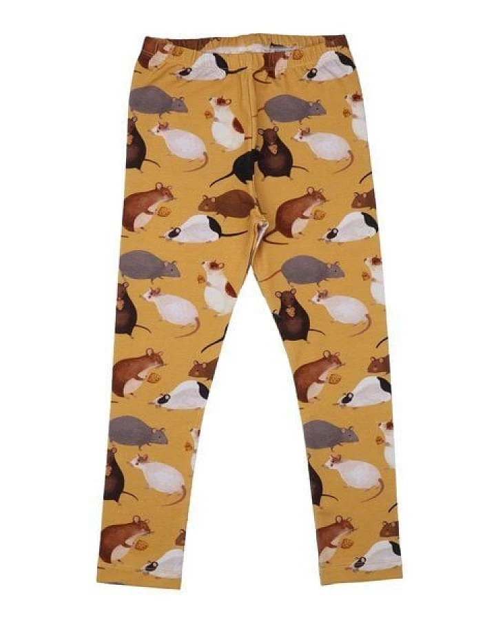 Kinder Leggings GOTS zertifiziert, senfgelb, „Playful Mouses“ Allover, Bio-Baumwolle, weich – Walkiddy