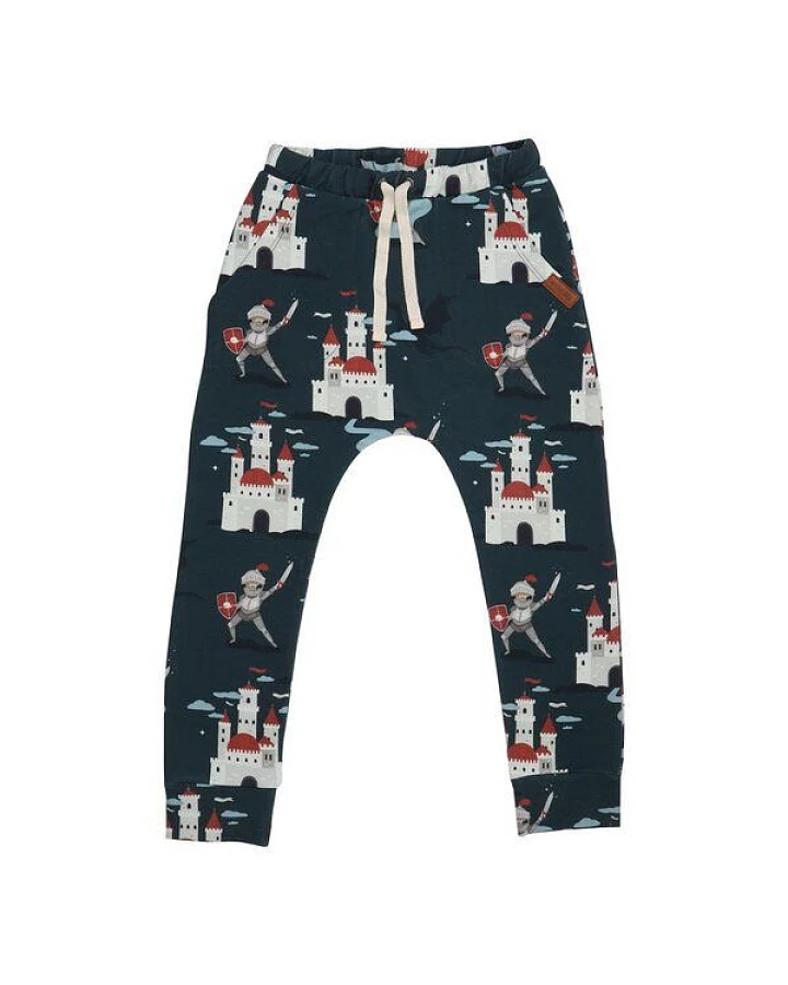 Kinder Jogginghose GOTS zertifiziert Bio-Baumwolle, Dunkelgrün, Burg-Muster, Walkiddy