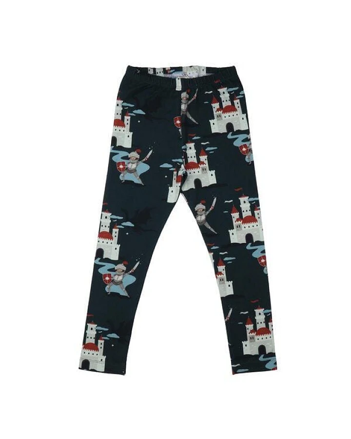 Kinder Leggings GOTS zertifiziert Bio-Baumwolle, Dunkelgrün, Burg-Muster, Walkiddy