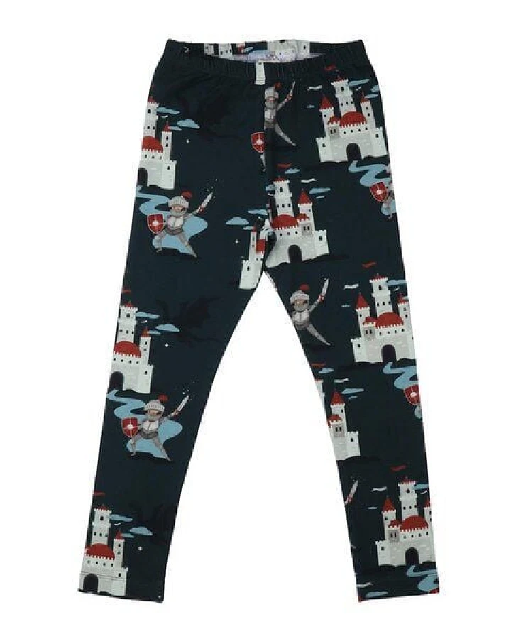 Kinder Leggings GOTS zertifiziert Bio-Baumwolle, Dunkelgrün, Burg-Muster, Walkiddy