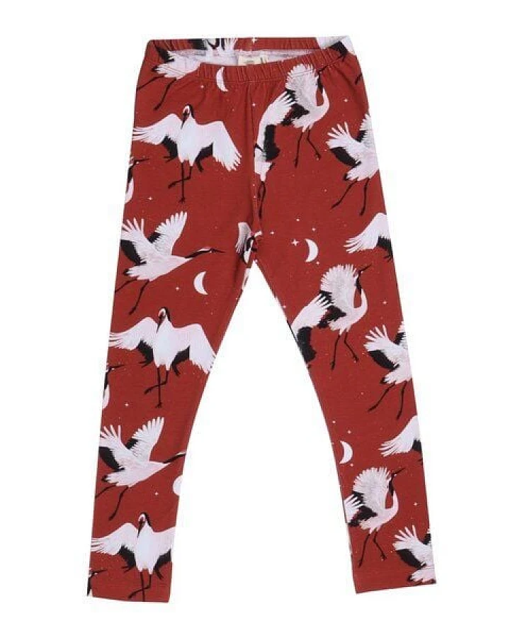 Kinder Leggings GOTS-zertifiziert aus Bio-Baumwolle rot mit Kranich-Motiv – Walkiddy