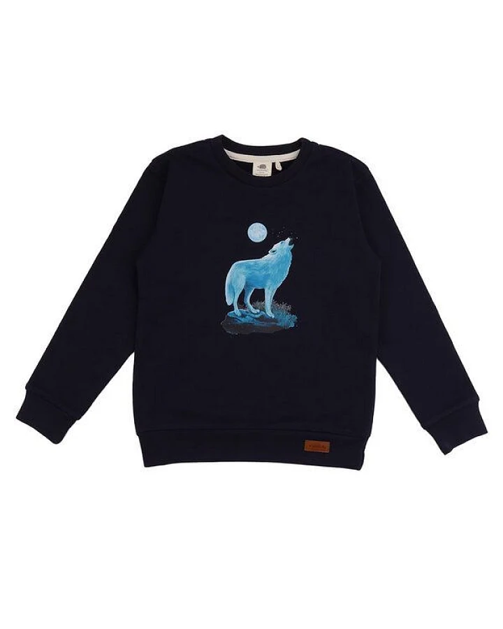 Baby Sweatshirt GOTS zertifiziert – 95% Bio-Baumwolle, Dunkelblau mit Wolfmotiv, weich & bequem, wärmend