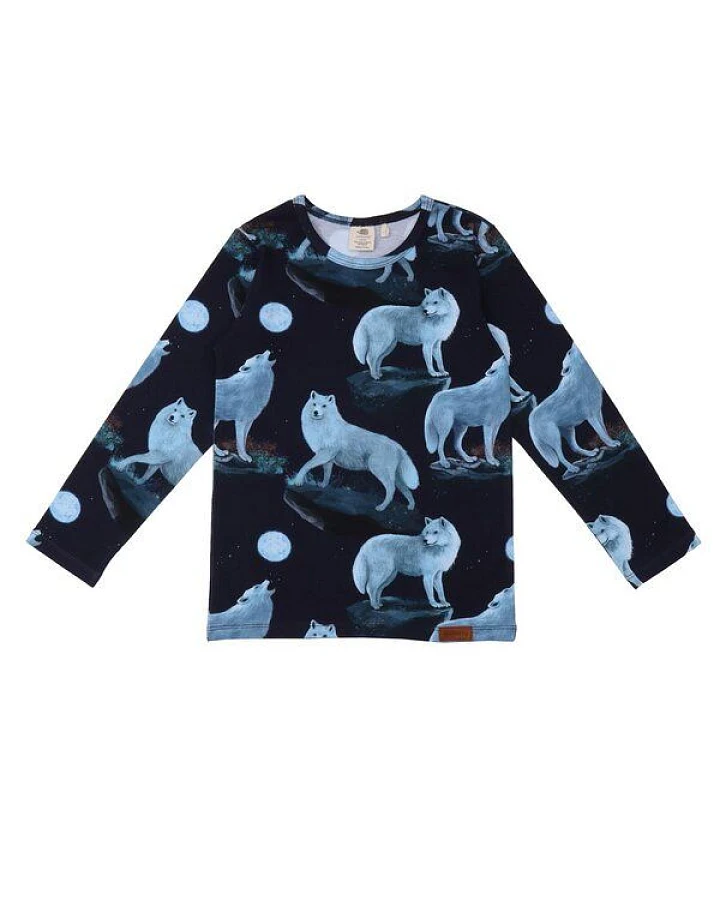 Kinder Langarmshirt GOTS zertifiziert Bio-Baumwolle, Dunkelblau, Wolfs-Muster, Walkiddy