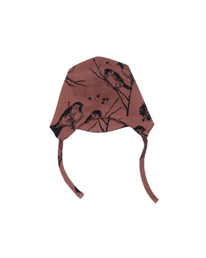 Baby Mütze GOTS zertifiziert, Bio-Baumwolle, rosé, Vogel-Muster, Bindebänder, weich & elastisch – Walkiddy