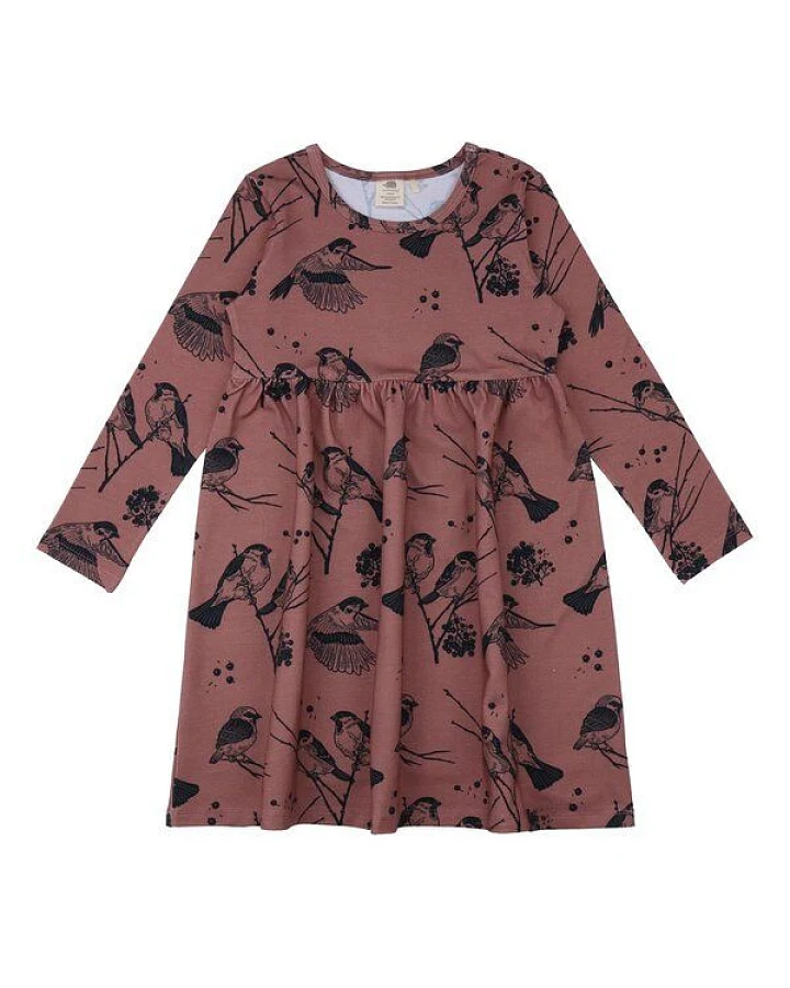 Baby Langarmkleid GOTS zertifiziert, Bio-Baumwolle, rosé, „Sparrow Friends“, Vogel-Muster, weich – Walkiddy